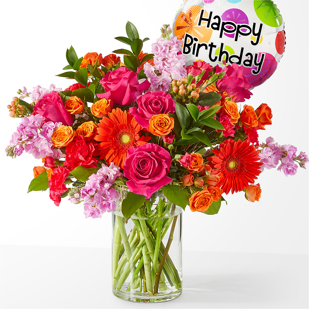 Fiesta Bouquet with Birthday Balloon – Bulldog Flowers, Athens GA