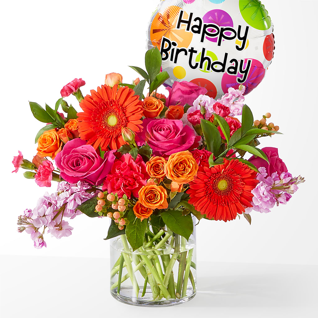 Fiesta Bouquet with Birthday Balloon – Bulldog Flowers, Athens GA
