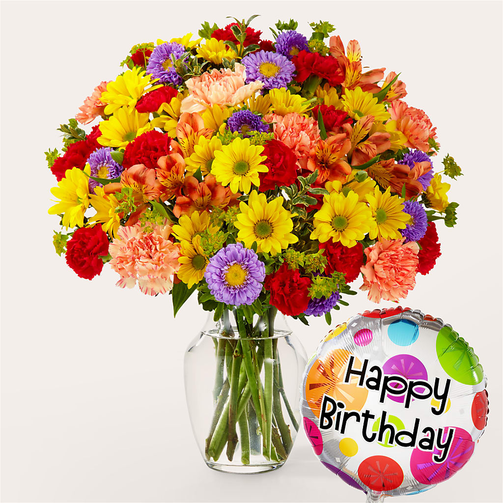 Kaleidoscope Bouquet with Birthday Balloon – Bulldog Flowers, Athens GA