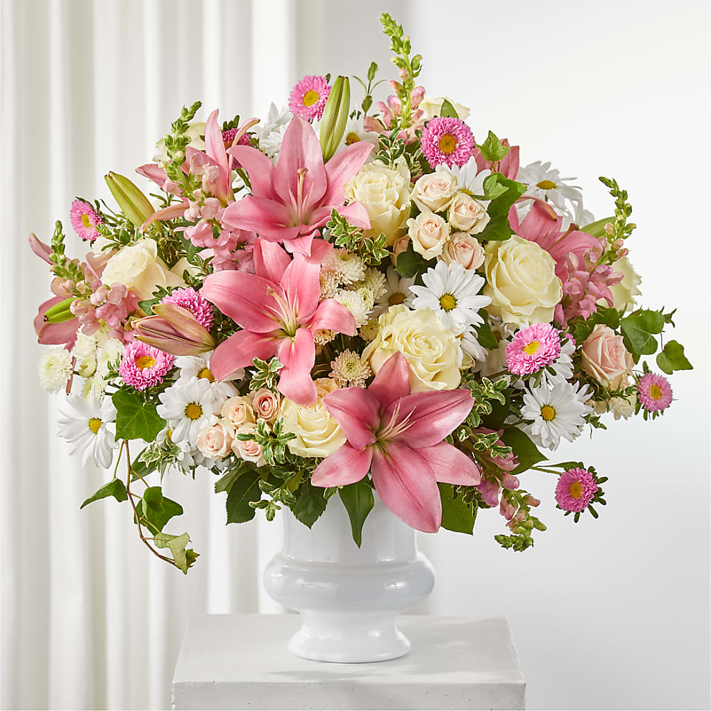 Empathetic Blooms Urn Arrangement – Bulldog Flowers, Athens GA