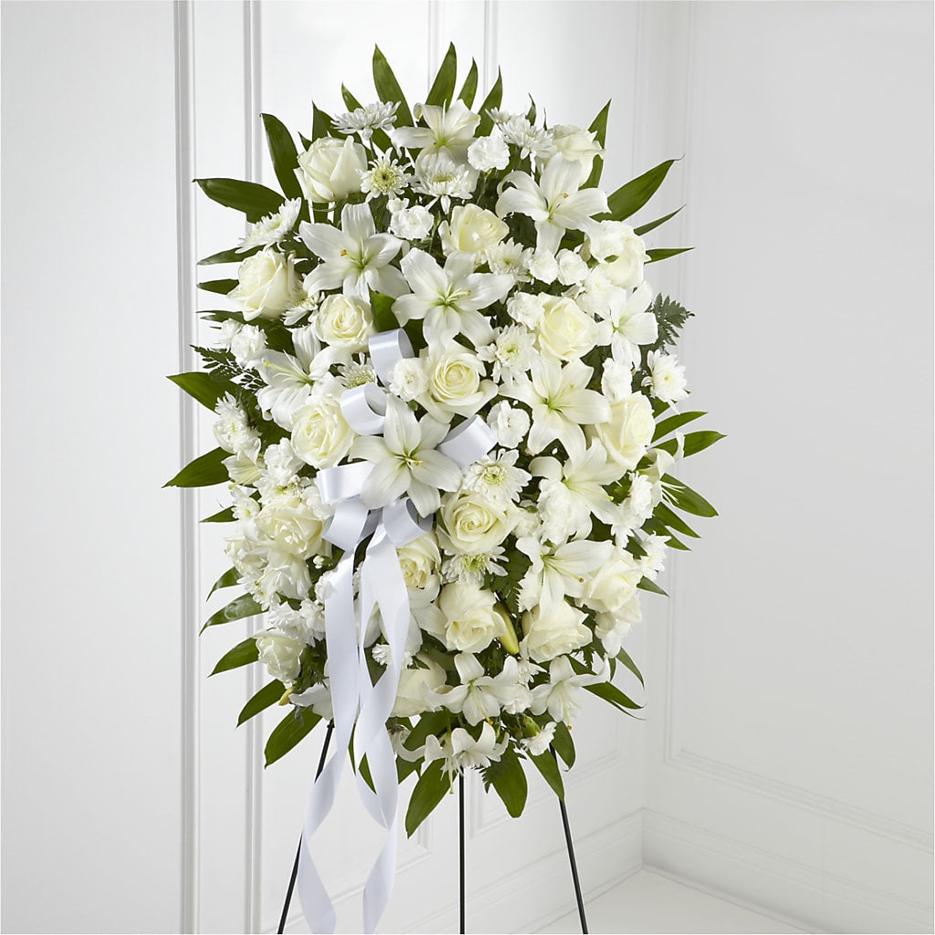 Exquisite Tribute Standing Spray-White Ribbon – Bulldog Flowers, Athens GA