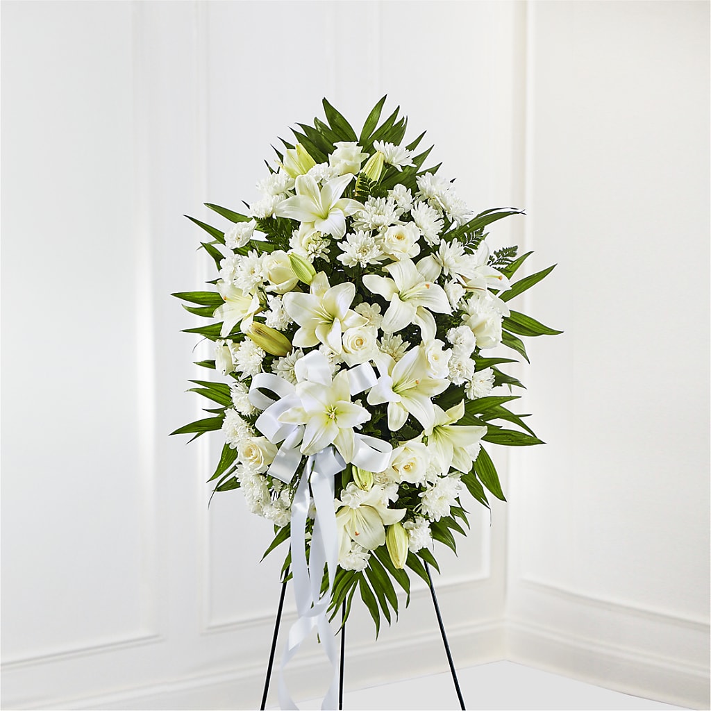 Exquisite Tribute Standing Spray-White Ribbon – Bulldog Flowers, Athens GA