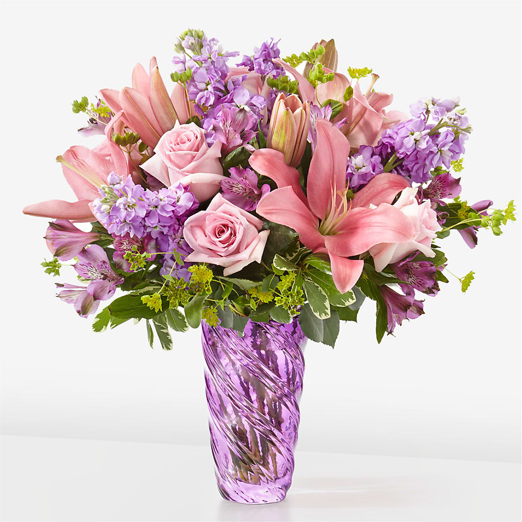 Precious Petals Bouquet with Luxe Swirl Vase – Bulldog Flowers, Athens GA